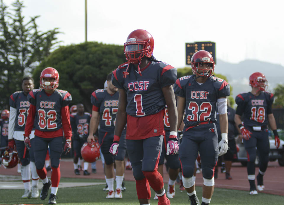 The CCSF Rams football team takes to the field after halftime at Saturday afternoon’s home game against Santa Rosa Junior Collage on October 25th. Photo By: Niko Plagakis 