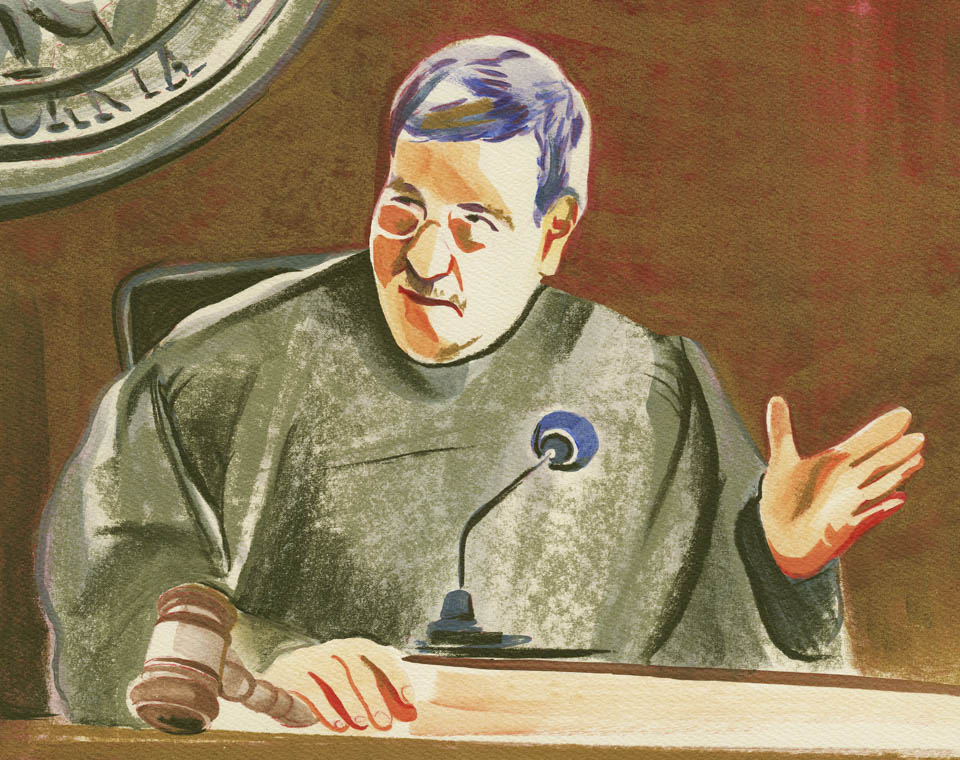 Superior Court Judge Curtis Karnow deliberates during a Sept. 9 hearing. (Illustration by Olivia Wise/ Contributor)