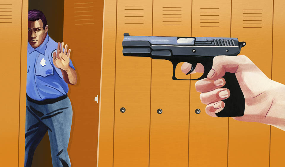 A shooter on campus points a gun at an unarmed officer. ( Illustration by Olivia Wise) 