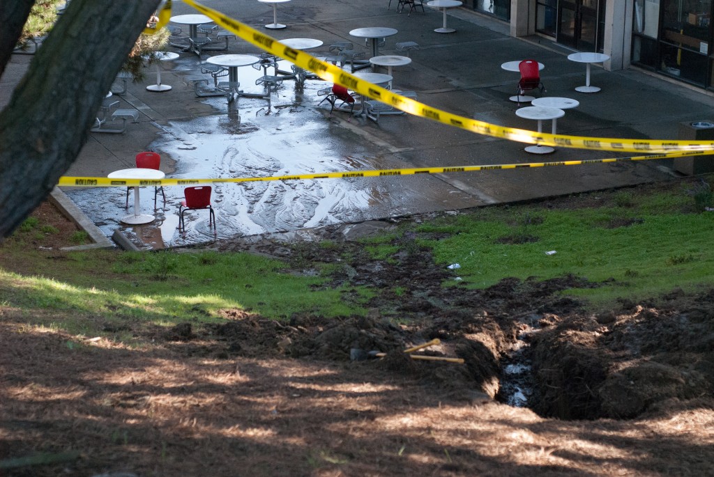 CCSF Building and grounds staff work on fixing the burst pipe that shut down the school at the main campus on Phelan. {San Francisco}, {Calif.,}. {December} {23}, {2015}. ({Franchon Smith}/Etc. Magazine)