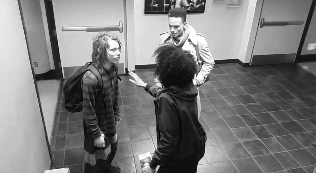 Footage taken of San Francisco State student Bonita Tindle (right-front) confronting fellow student Cory Goldstein (left) about his dreaded hair style on March 18, 2016 at San Francisco State University.16 at San Francisco State University.