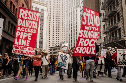 Supporters of the Standing Rock Sioux Tribe march down Kearny Street, in the Financial District Downtown San Francisco chanting “Water is sacred, you cant drink oil” on Sept. 7, 2016. Photo by Gabriela Reni/ The Guardsman. San Francisco, California. September 7, 2016. (Gabriela Reni/Gabriela Reni / The Guardsman)