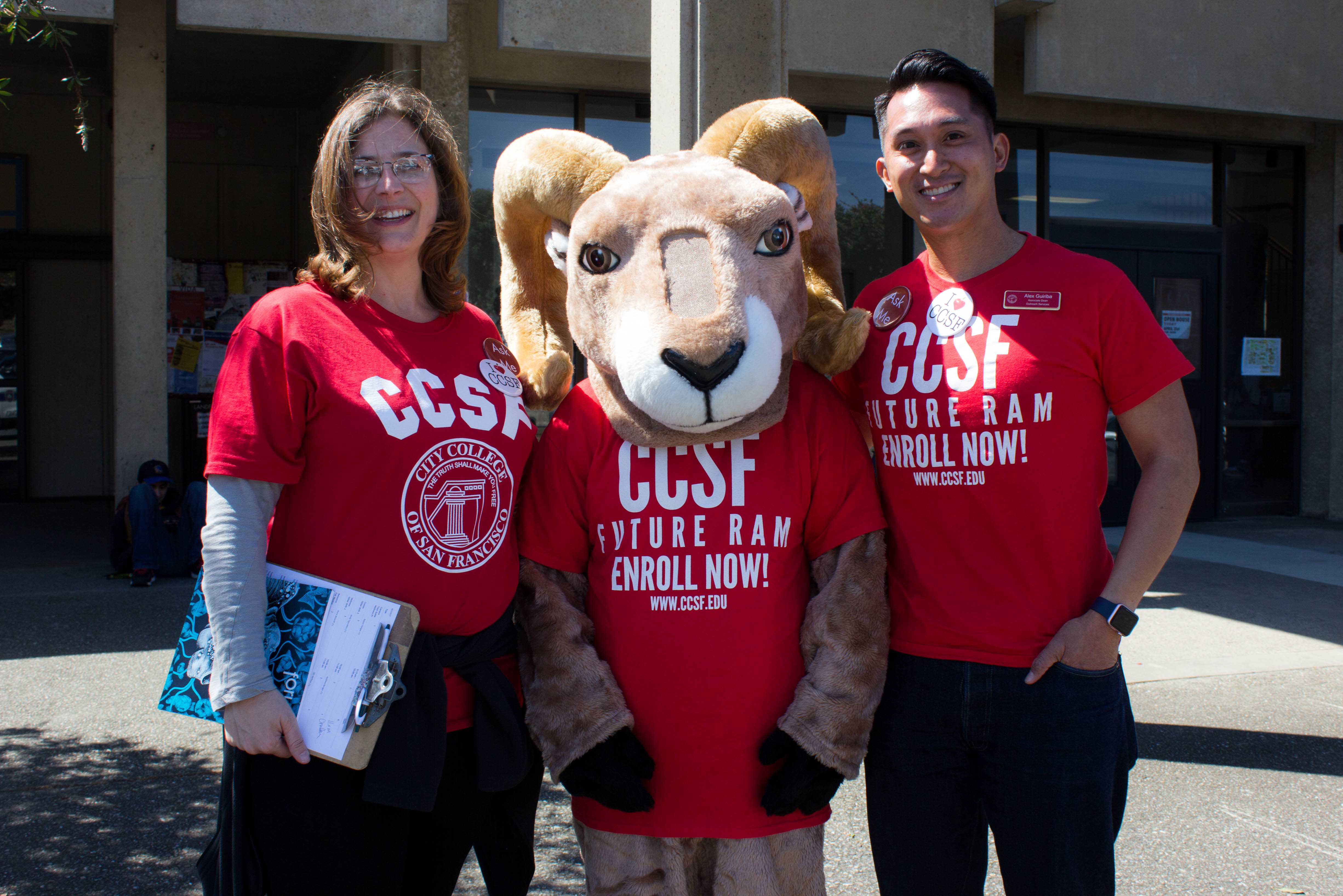 (From Left to Right) Alex Guiriba, the CCSF Ram and Kristin Charles show their support and pride of City College.