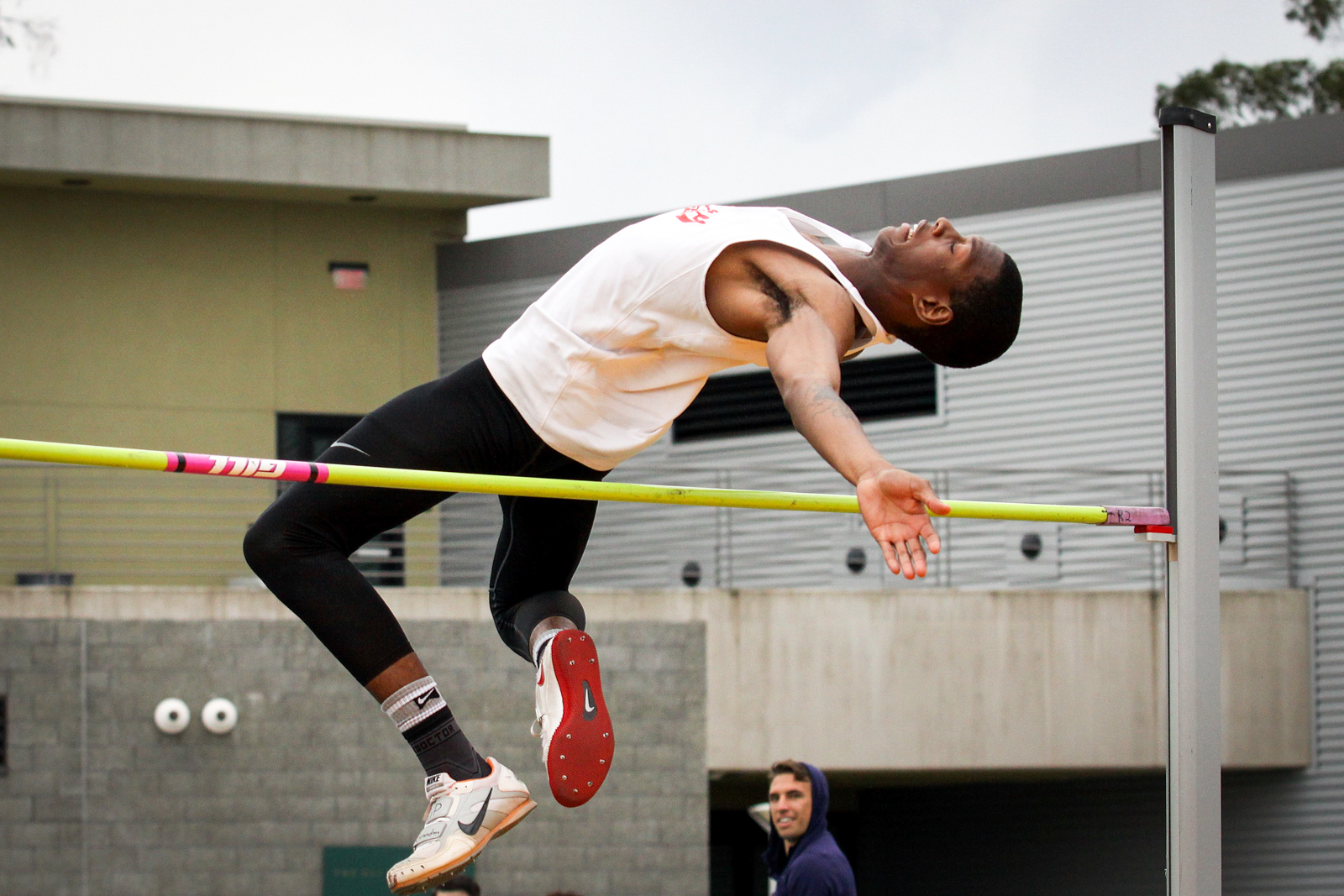 Freshman Rodney Morgan attempts a high jump at the SF State Johnnu Mathis invitational on February 24, 2017. Morgan will later tie the state record for the High Jump at this invitational.