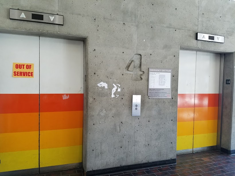 Out of order elevator in Batmale Hall on May 8, 2017. (Photo by Jordi Molina).