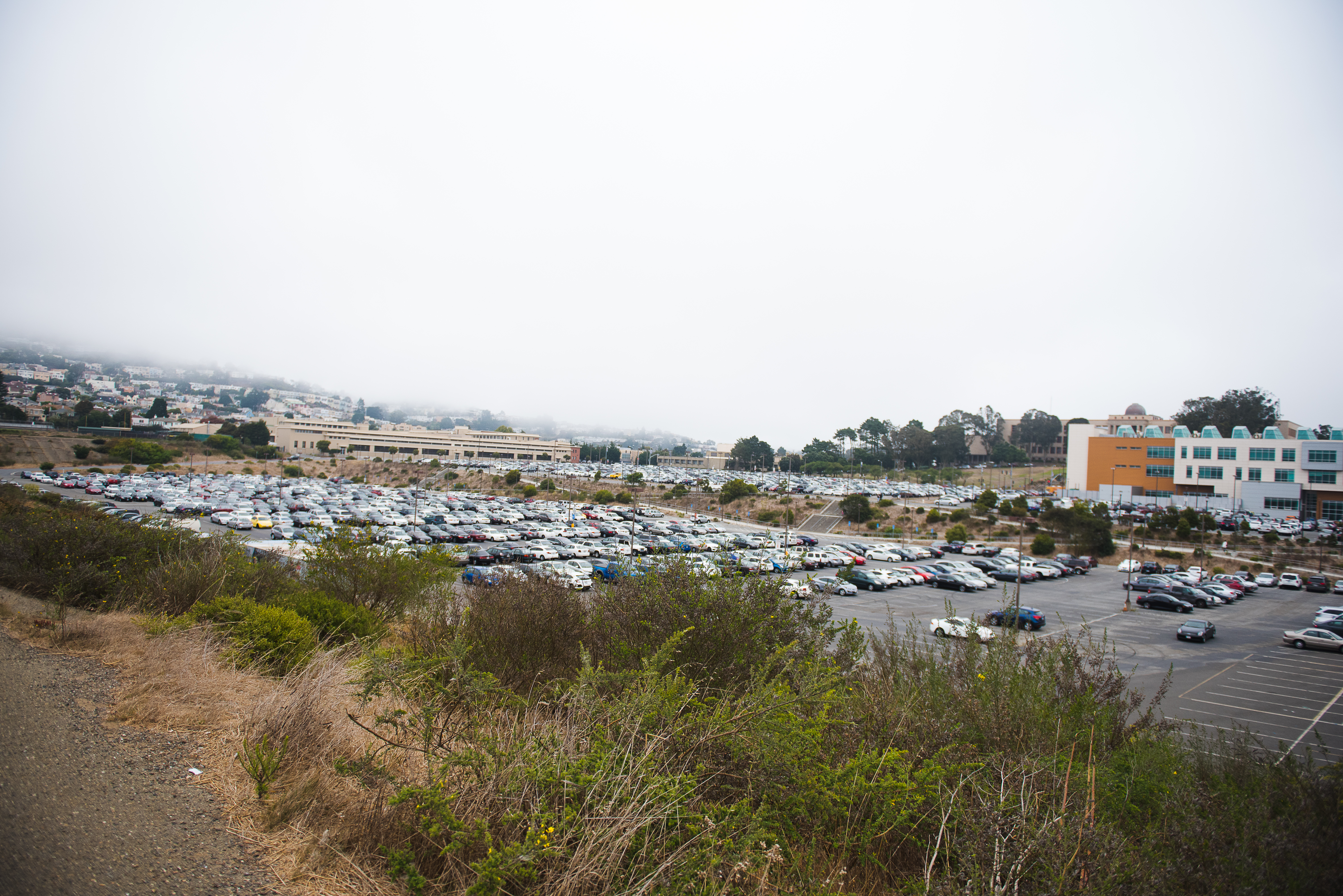 View of far end of Balboa Reservoir parking area at 9:30- out of frame portion is full. Taken Aug 28 2017 by Otto Pippenger.