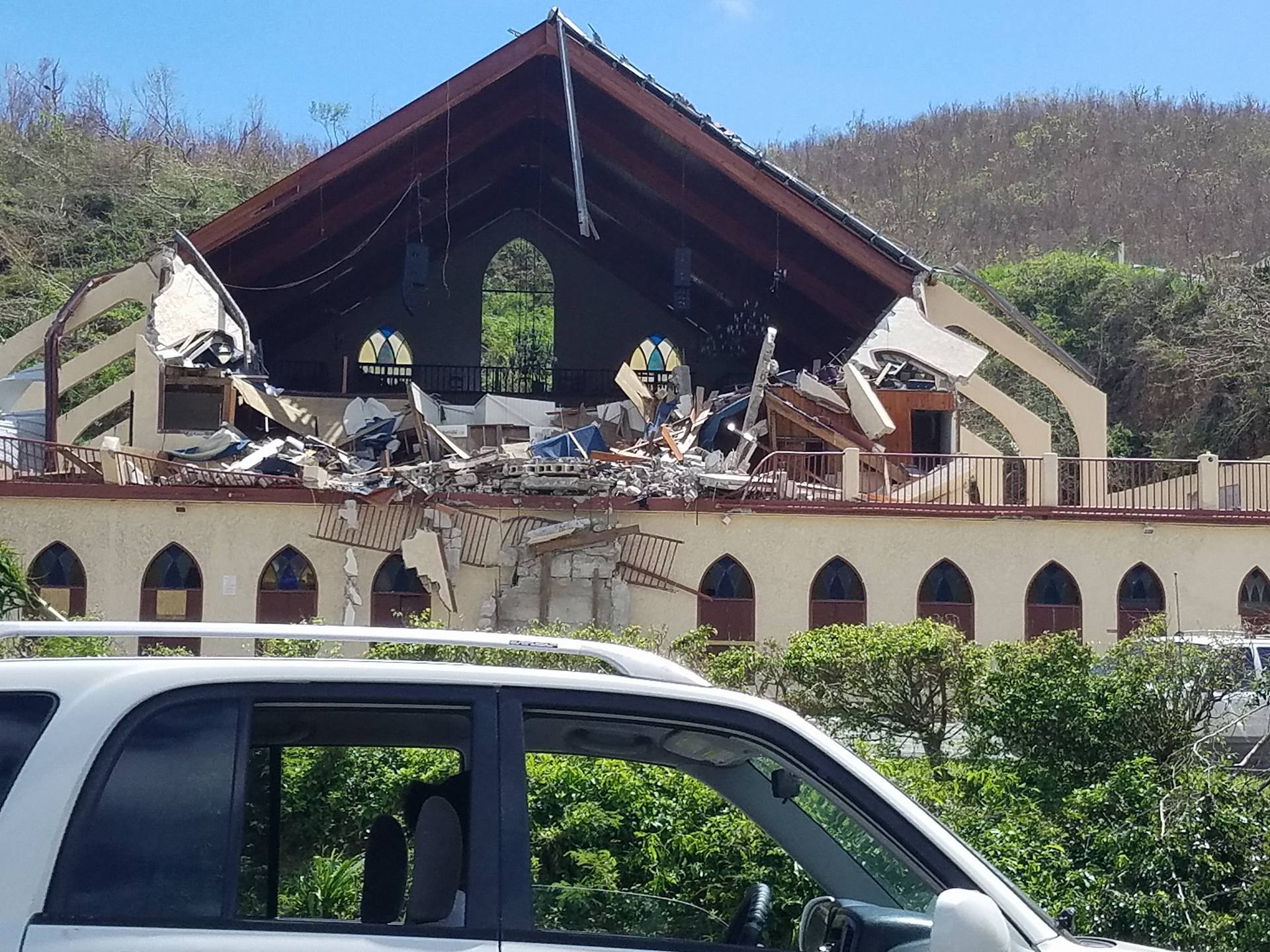 Destroyed facade of church after hurricane in Virgin Islands. Photo taken by Emma Graham-Winkles Oct. 2017.