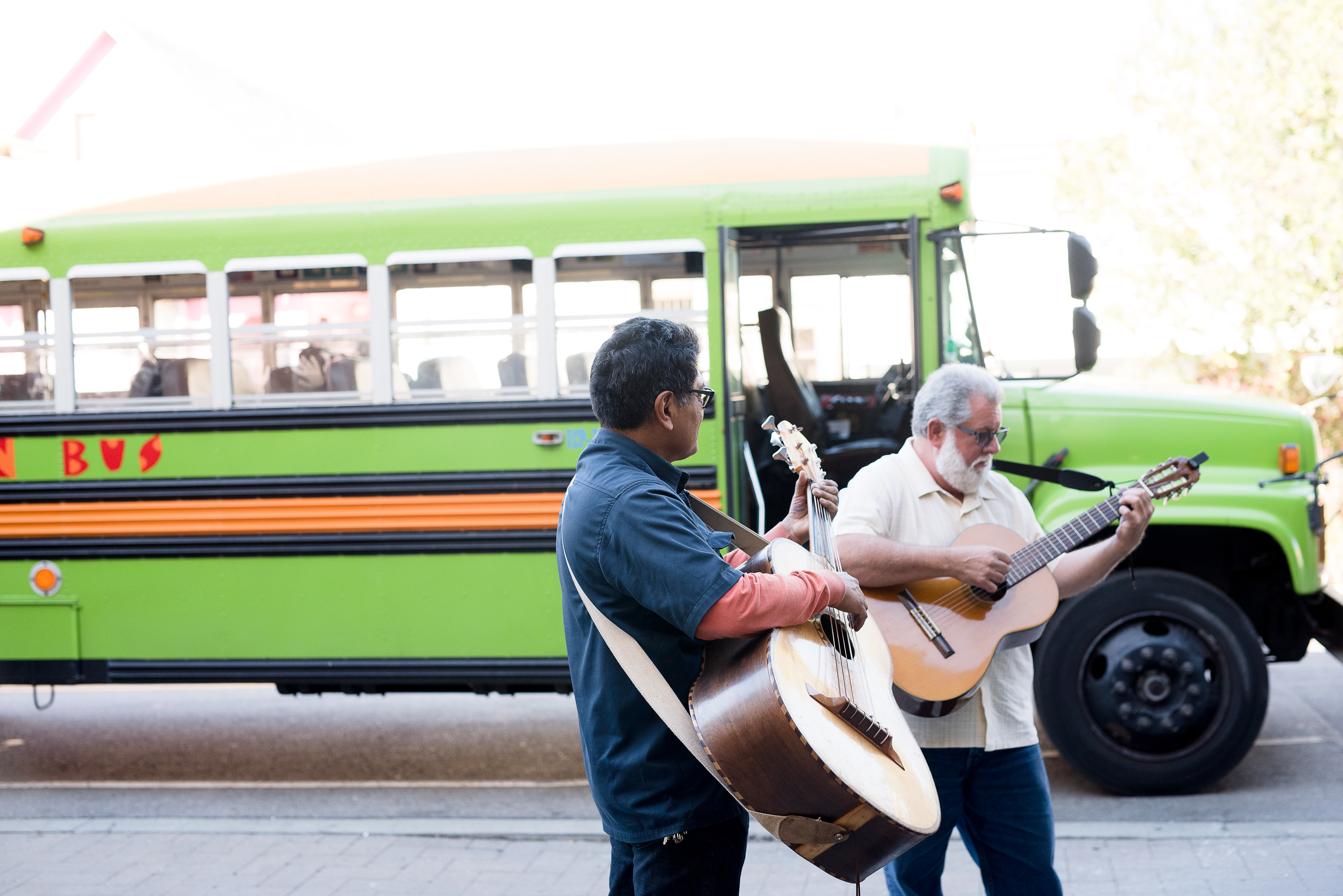 Miguel Govea and Johny Escobedo performing by the Mexican Bus near the home of Juan Fuentes. Photo taken Sept, 23, 2017 by Otto Pippenger.