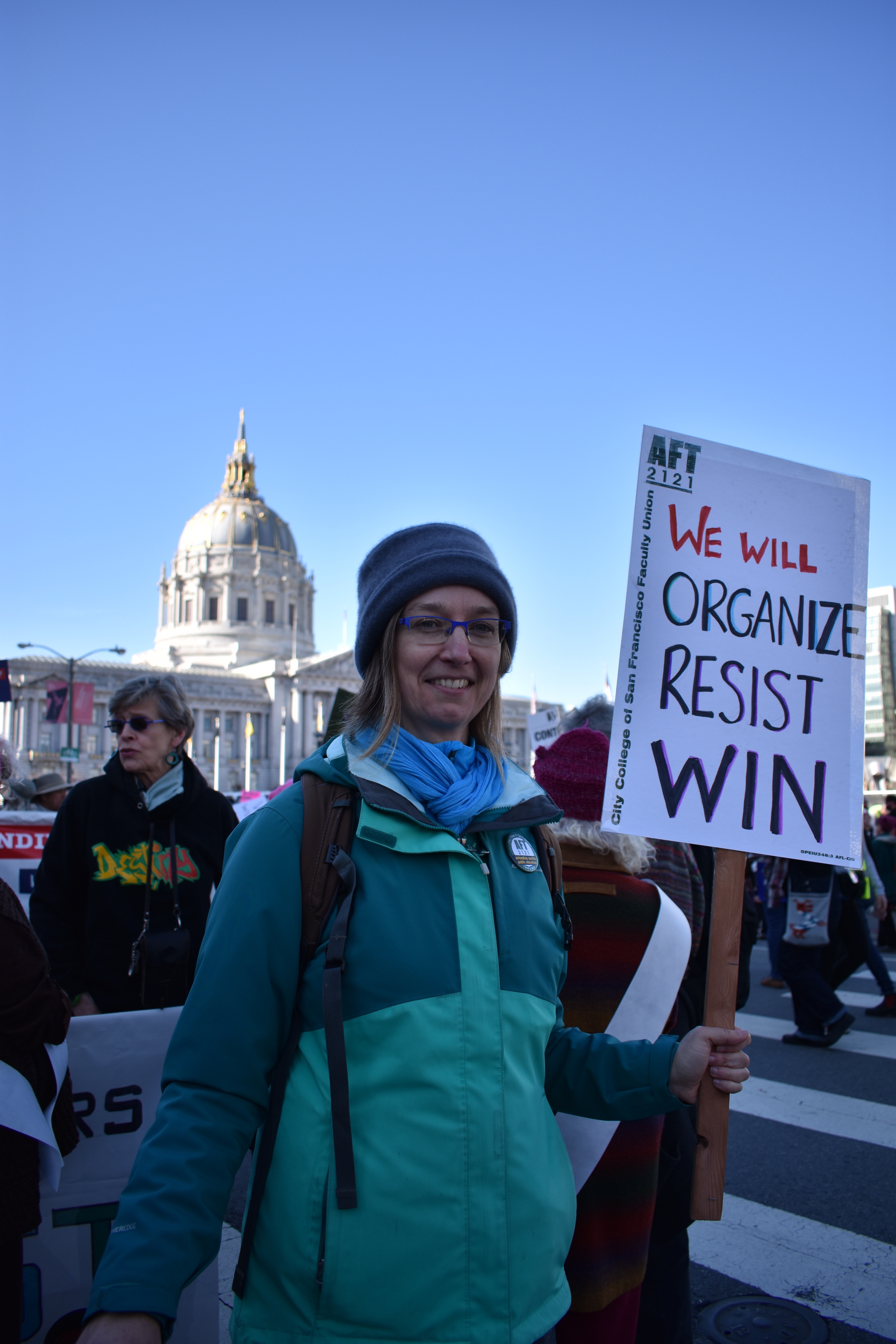 Jessica Buchsbaum, a City College ESL instructor and AFT 2121 secretary, protesting in the Women's March in San Francisco on Jan. 20, 2018. Photo by Veronica Steiner/The Guardsman. 