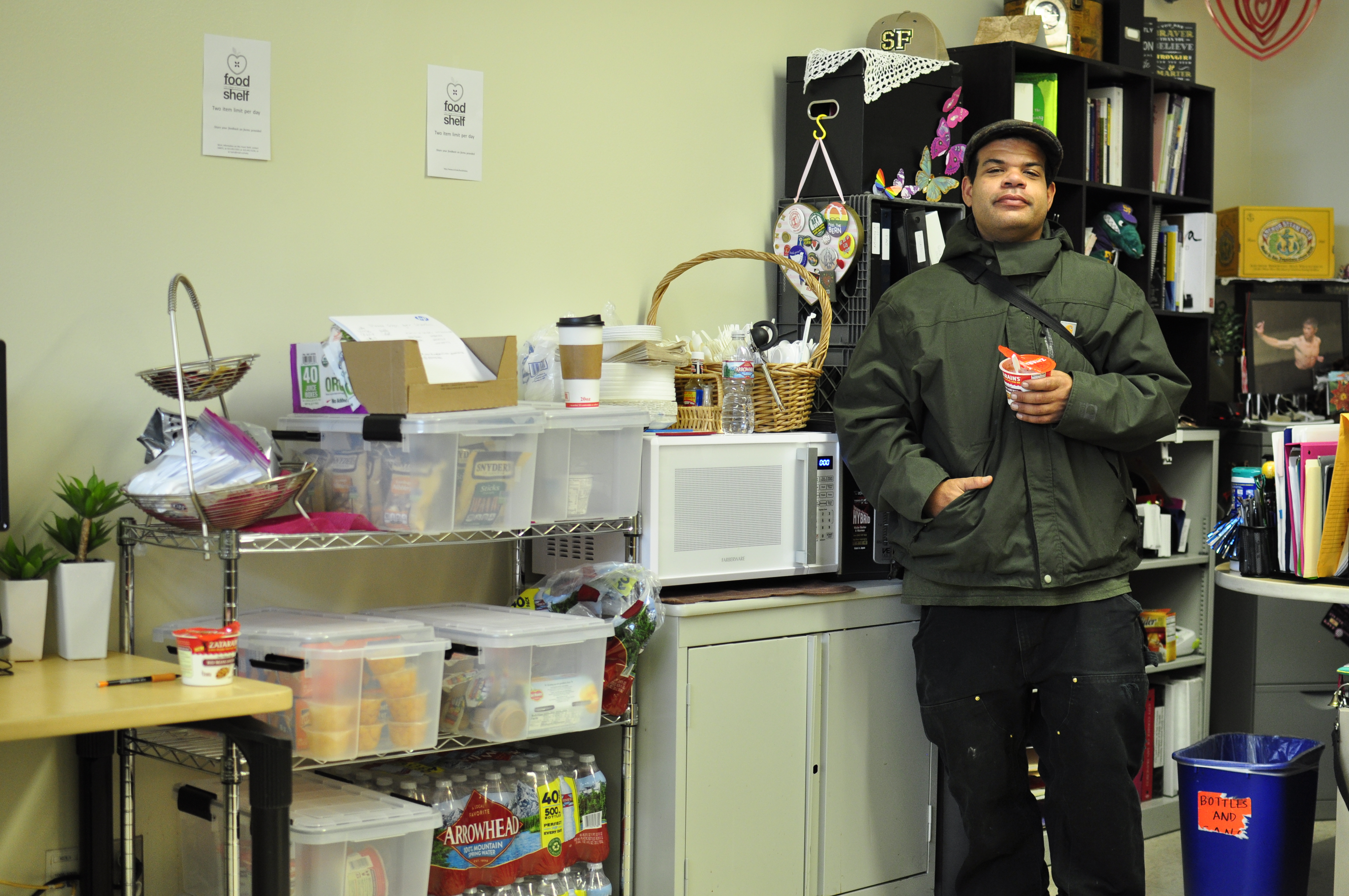 Jan. 18, 2018. Mark Dennis a Forestry and Sustainability major student comes to the H.A.R.T.S (Homeless At Risk Transitional Students) office twice a day everyday to get a snack. (Photo/Janeth R. Sanchez)