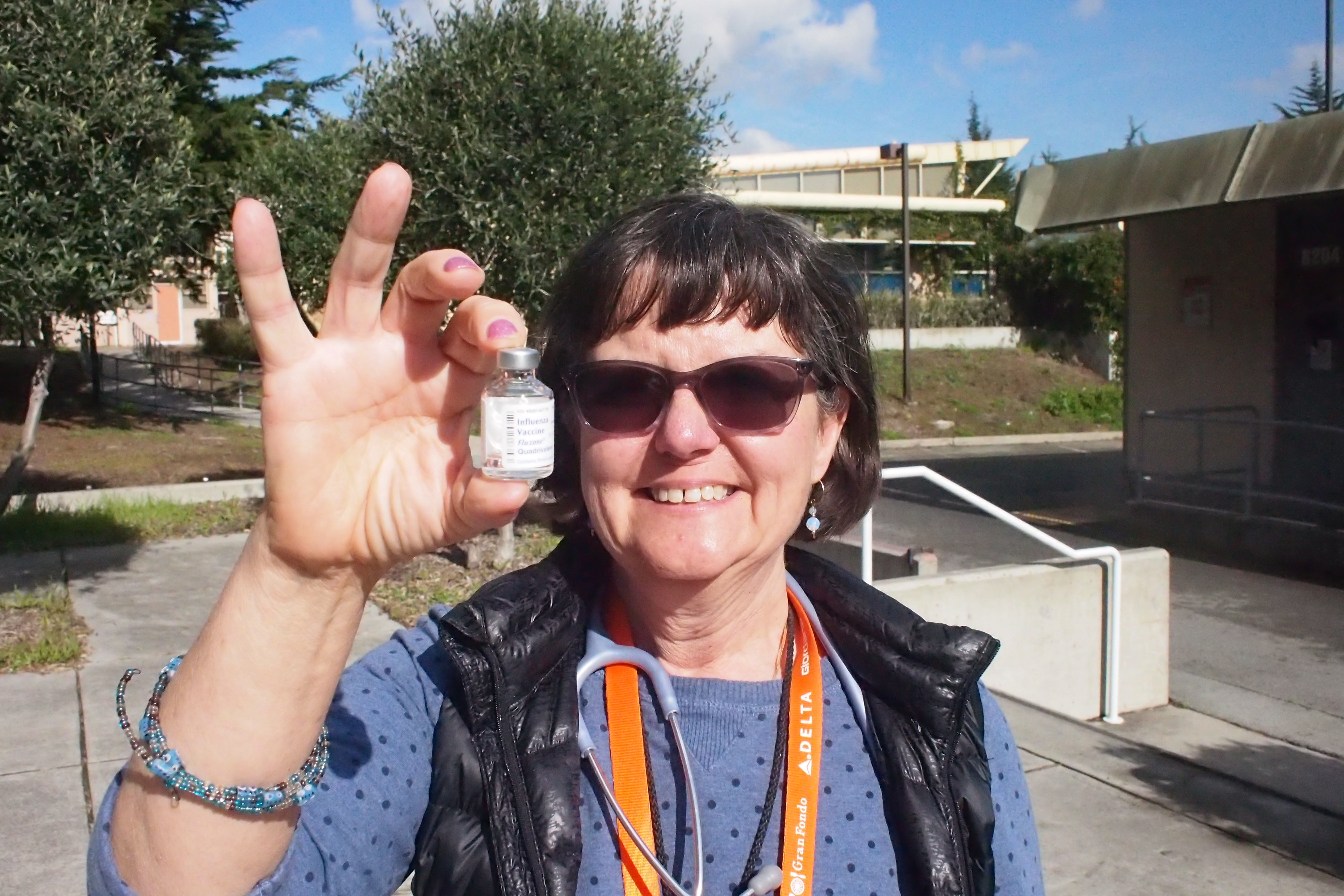 Jan. 24, 2018. Nurse Paula Cahill holding a vial of the influenza vaccine made available to students in front of Health Services at the City College Ocean campus. Photo by Cameron Ehring/The Guardsman