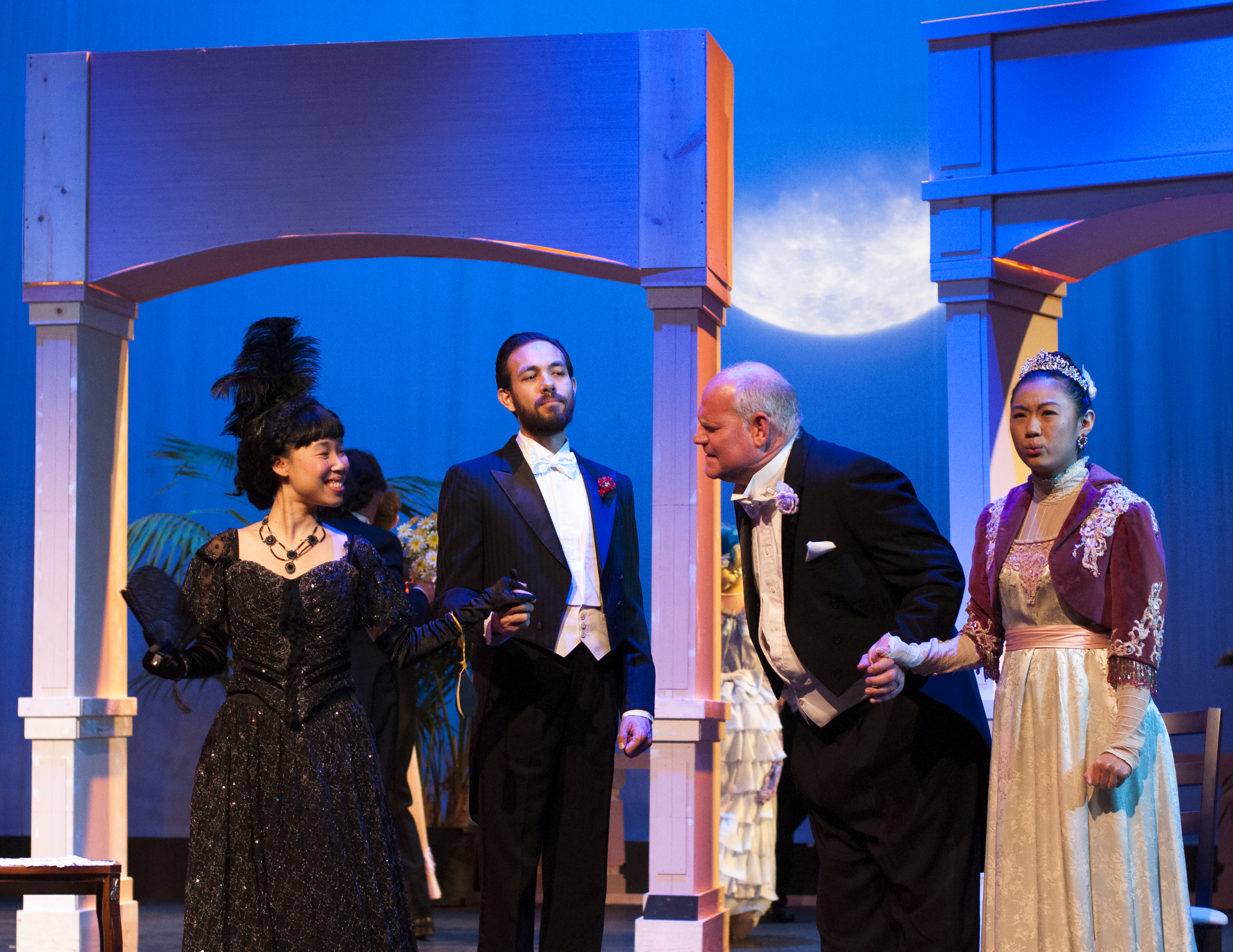 Violet Yung (left to right) as Lady Agatha Carlisle, Alixandra Todd as Lady Windermere, Lisa Bettini as The Duchess of Berwick and Robert Ayala as Lord Darlington during the dress rehearsal of the production Lady Windermere’s Fan directed by John Wilk at The Diego Rivera Theater in Ocean campus on Wednesday Feb. 27, 2018. Photo by Janeth R. Sanchez/The Guardsman.
