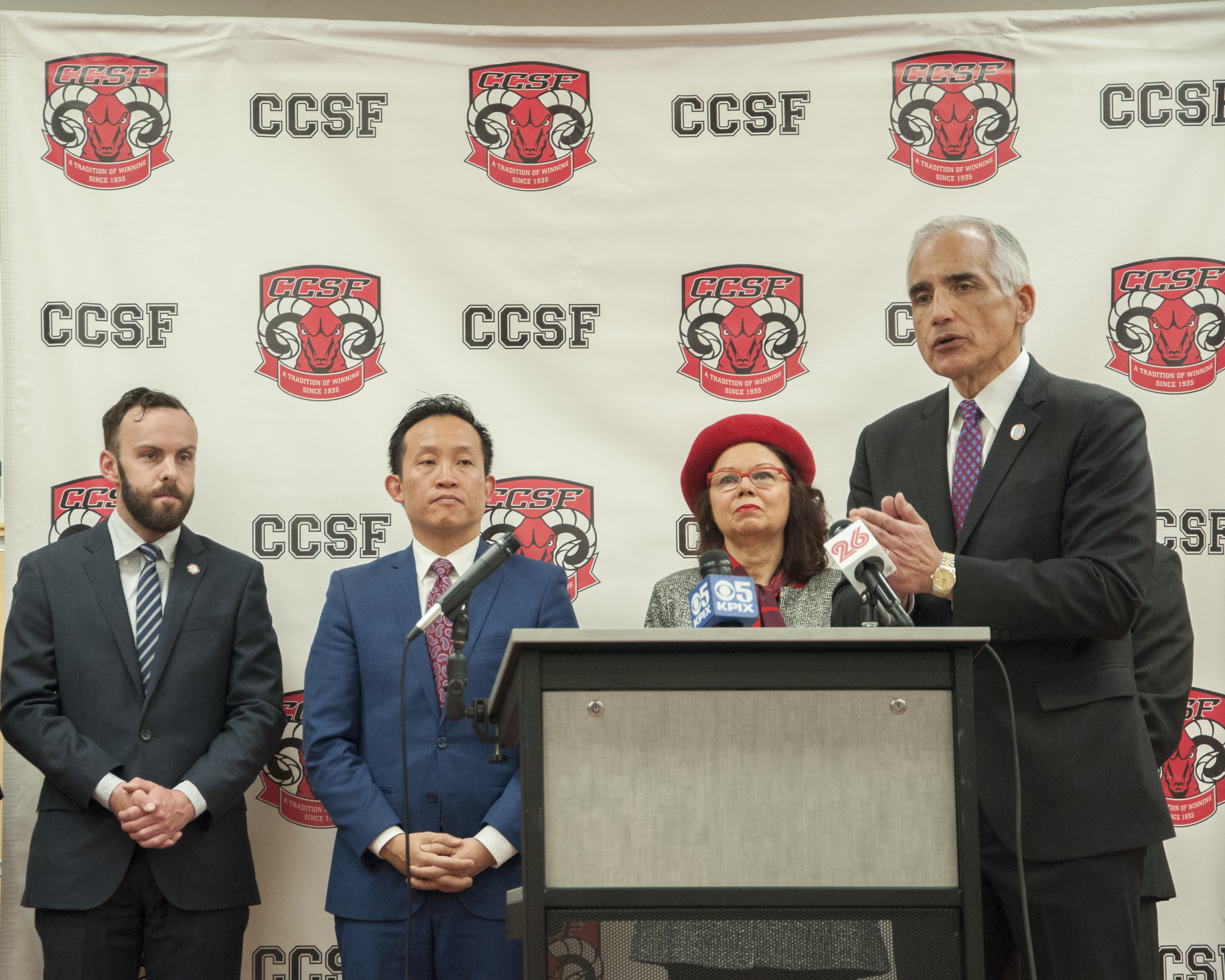 Chancellor Mark Rocha (right) urges students to apply for the California Dream Act before the deadline during a press conference at Mission Campus on Wednesday, Feb. 28, 2018, with Trustee Tom Temprano (left to right), Assemblyman David Chiu and Trustee Brigitte Davila. Photo by Janeth R. Sanchez/The Guardsman. 