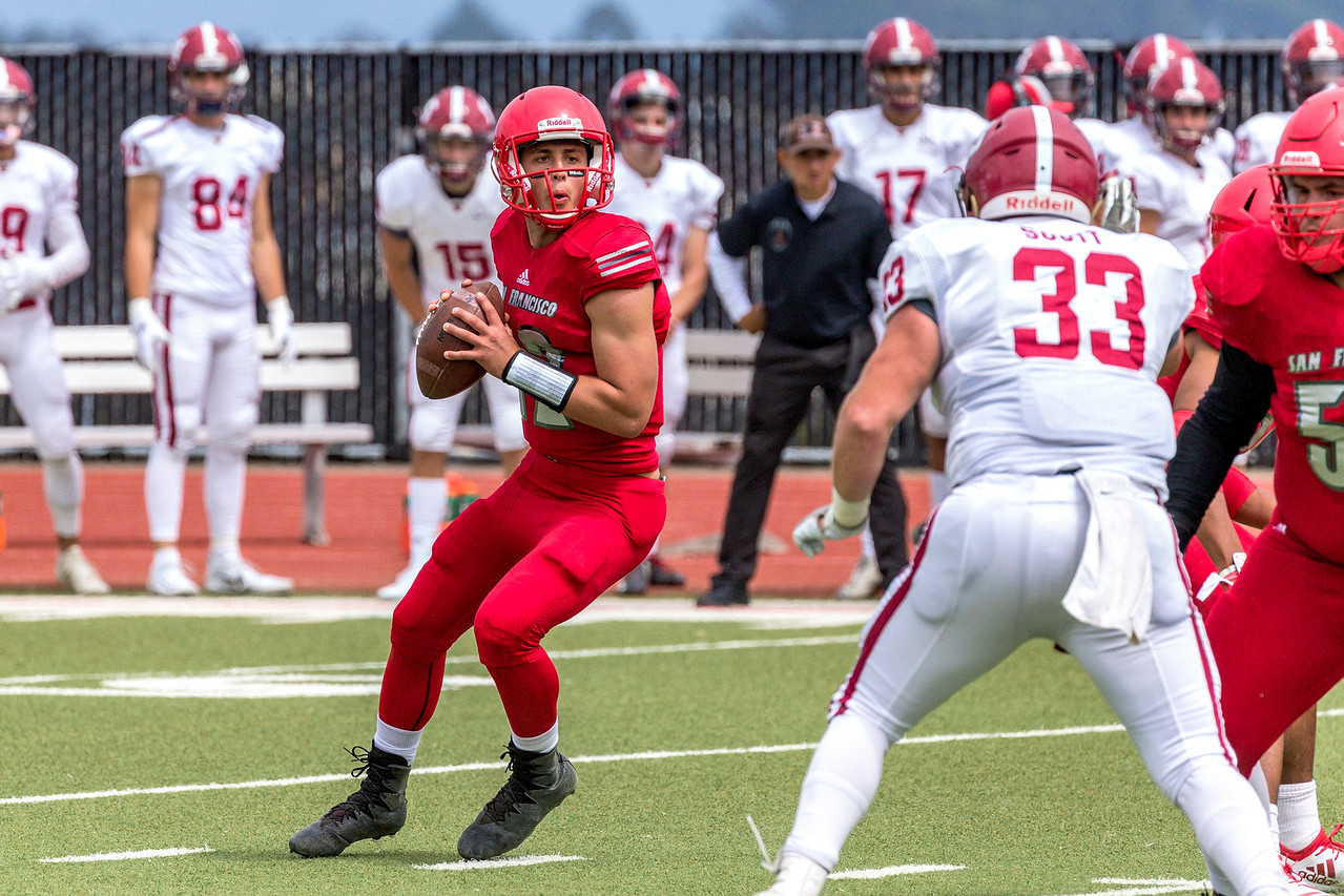 Freshman quarterback Jack Newman (#12) squares-up to deliver a pass during the Rams season opener against Sierra on September 1, 2018. Photo by Eric Sun/ Special to the Guardsman