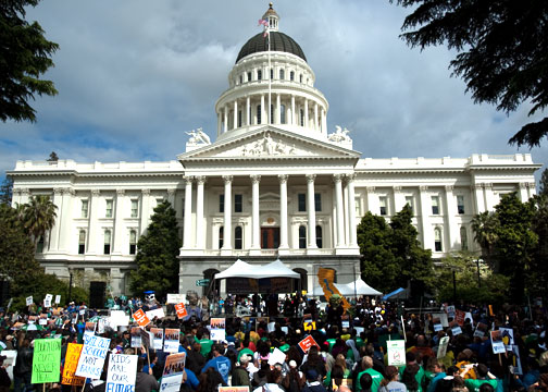 A crowd of nearly 3,000 protesters gathered in front of Sacramento's capitol building to protest California's budget cuts to public services on April 21. A handful of activists attended subcommittee meetings inside the Capitol. Chloe Ashcraft / The Guardsman