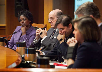 Federal Communications Commission (FCC) Commissioners, from left, Mignon Clyburn, Michael J. Copps, Chairman, Julius Genachowski, Commissioners, Robert M. McDowell and Meredith Attwell Baker listen to a panelist during an FCC open meeting January 20, 2010 in Washington, DC. (Robert Giroux/MCT)