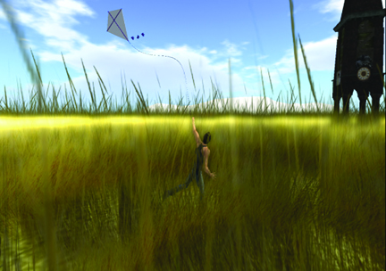 Second Life resident Caitsu Manga flies a kite in th fields outside of Zero Style Hair. Second Life is a virtual world where users can create a persona all their own while interacting with other players. JESSICA LUTHI / THE GUARDSMAN