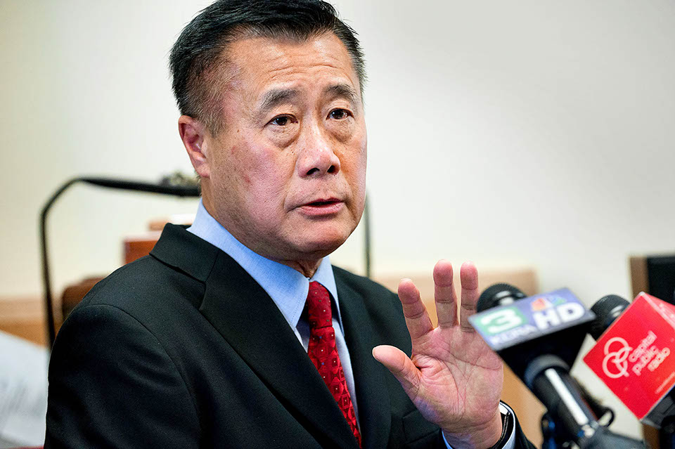 State Sen. Leland Yee (D- San Francisco) has been charged with public corruption as part of a major FBI operation spanning the Bay Area, law-enforcement sources said, casting yet another cloud of corruption over the Democratic establishment in the Legislature and torpedoing Yee's aspirations for statewide office.ÊHere, Yee speaks to members of the press in Sacramento, Calif., in this Feb. 14, 2013, file photo. (Randall Benton/Sacramento Bee/MCT)