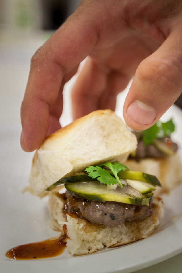 Beef Bulgogi Sliders with Korean BBQ sauce and pickled cucumber relish is one of the items on the menu for the grand opening of the new student run restaurant at Smith Hall, Radius 99 on Wednesday, Aug. 27, 2014. (Photo by Nathaniel Y. Downes)