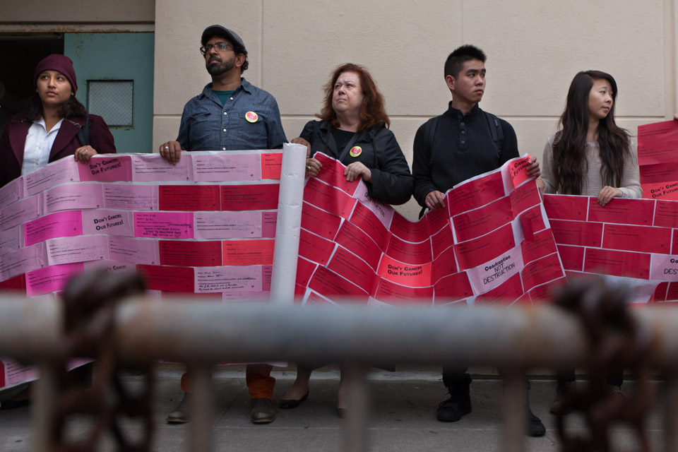 Students, faculty and supporters delivery 3,000 messages to Susan Lamb, Vice Chancellor of Academic Affairs, appealing class closures due to low enrollment at City College on Monday, Aug. 22, 2014.  88 classes were cancelled affecting 370 students. (Photo by Nathaniel Y. Downes)