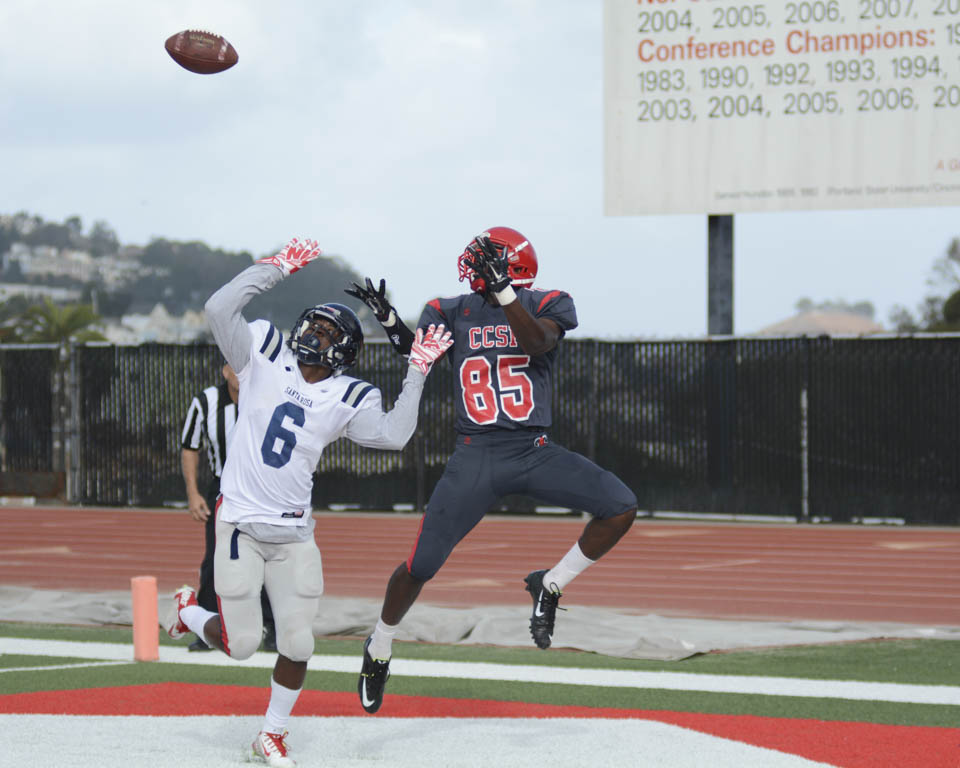 Rams receiver Jermaine Berry (85) leaps for the football, Oct. 25, against Santa Rosa Junior College. (Photo by Niko Plagikis)