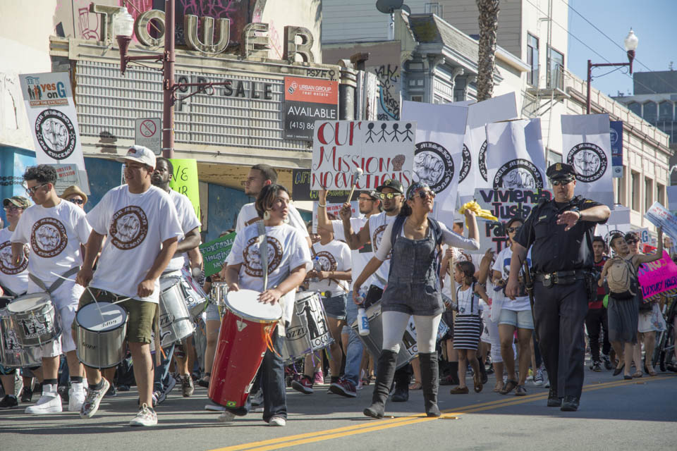 Demonstrators, in support of Prop. G, march to 16th and Mission Streets, Saturday, Oct. 4, 2014 ( Photo by Niko Plagakis)