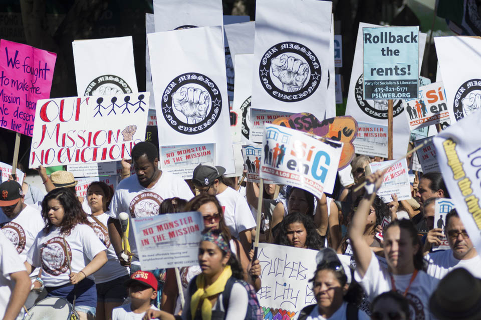Demonstrators, in support of Prop. G on the ballots in the upcoming elections, march to 16th and Mission Street in San Francisco, Calif., on Saturday, Oct. 4,  to stop the unfair  evictions. (Photo by NIko Plagakis) 