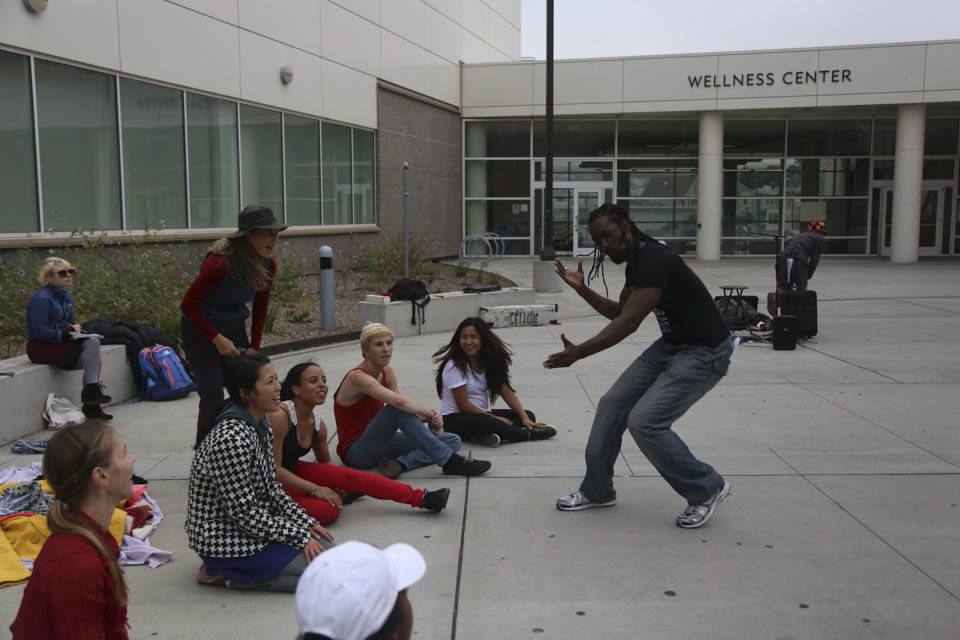 Dancer Antoine Hunter, right, practices strong body language in front of the Trolley Dancers cast, Friday, Oct. 10, at Ocean Campus. (Photo by Natasha Dangond)