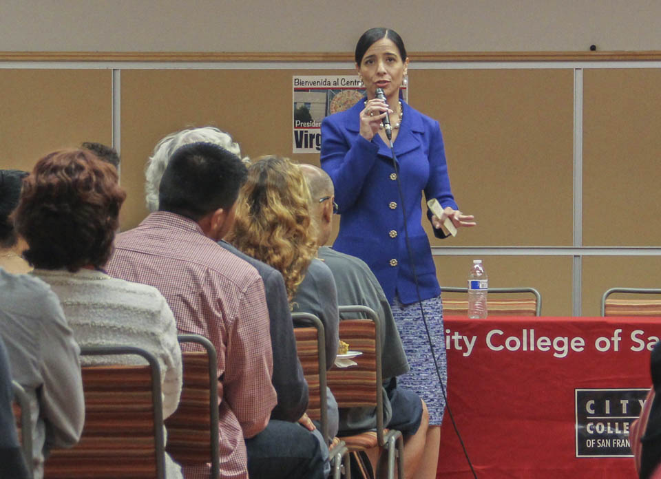 Virginia Parras  speaks to students at Mission Campus, Oct. 22, 2014. (Photo by Khaled Sayed)