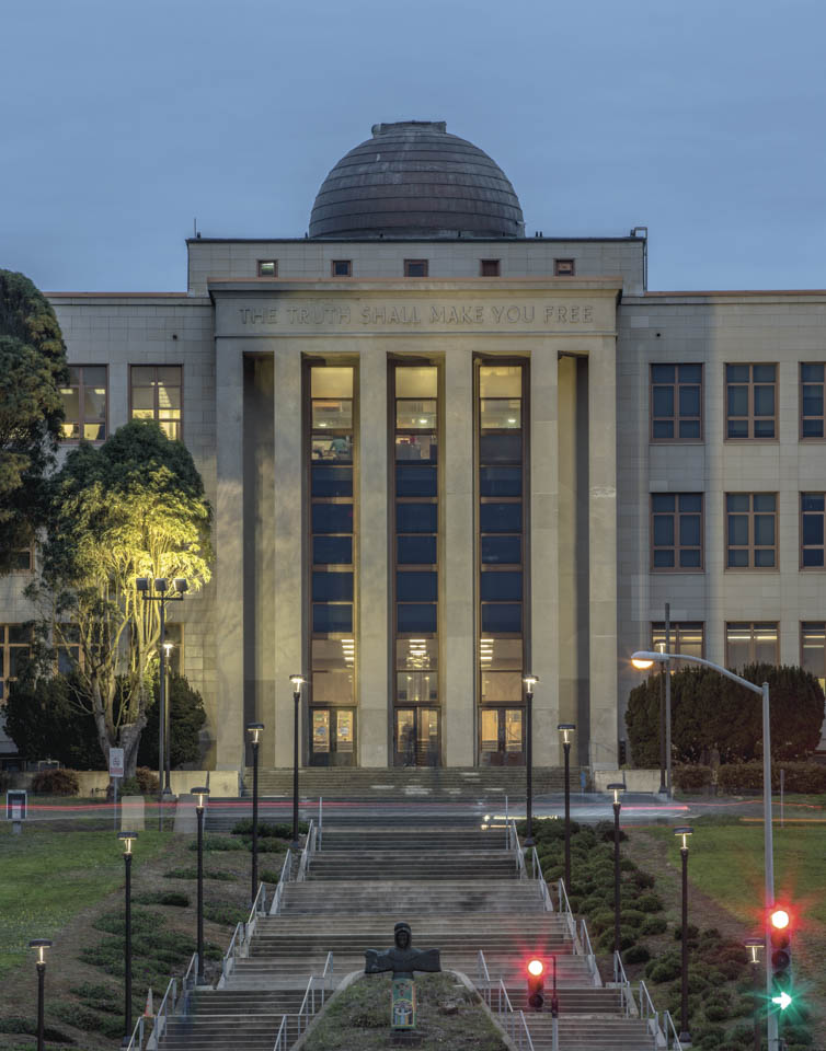 City College adopted the phrase, “The Truth Shall Make You Free” as the official college motto in 1948.  The inscription is carved into the facade of Science Hall facing Phelan Avenue.  Nov. 12, 2014 Ocean Campus.  (Photo by Nathaniel Y. Downes)  