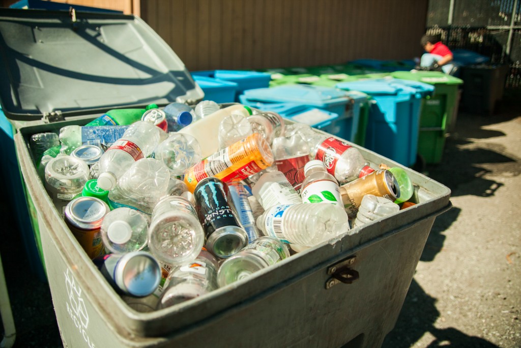 Plastic bottles and cans in a recycling bin at the City College Recycling Department, Ocean Campus on Wednesday, March 4. (Photo by Ekevara Kitpowsong)