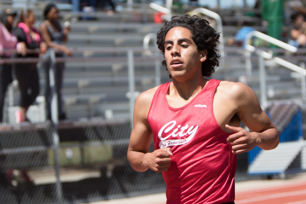 Gerardo Castro taking 1st in Men 800M and 1500M. Maurice Compton Invitational Oakland, Sat., Apr. 10. Photo by Peter Wong 