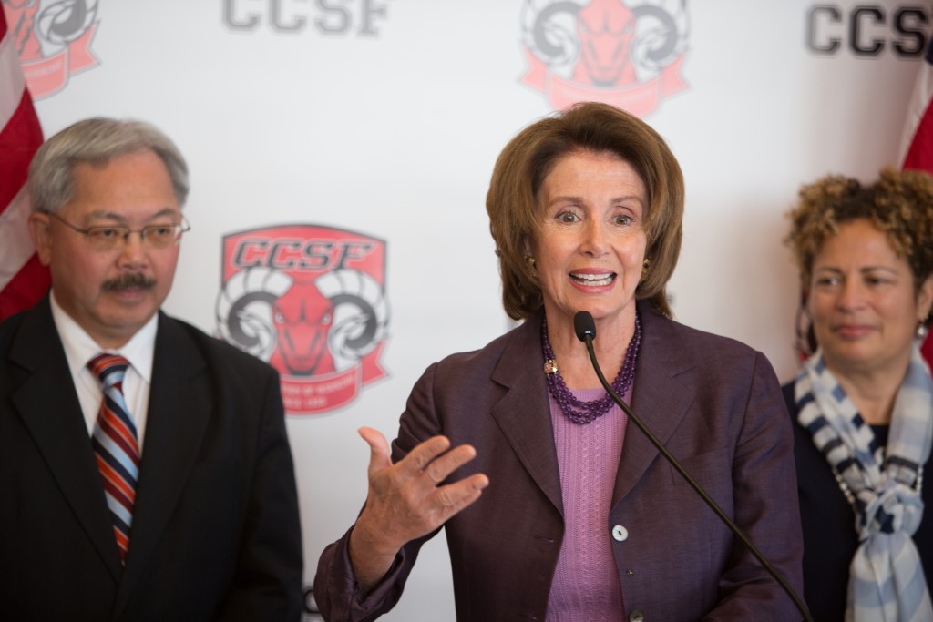 Democratic Leader Nancy Pelosi held a press conference at City College’s Downtown Campus to announce the highest enrollment rate for the spring 2015 semester since the accreditation issue started. Behind her Chancellor Arthur Tyler and Mayor Ed Lee, Tuesday, April 7. (Photo by Khaled Sayed)