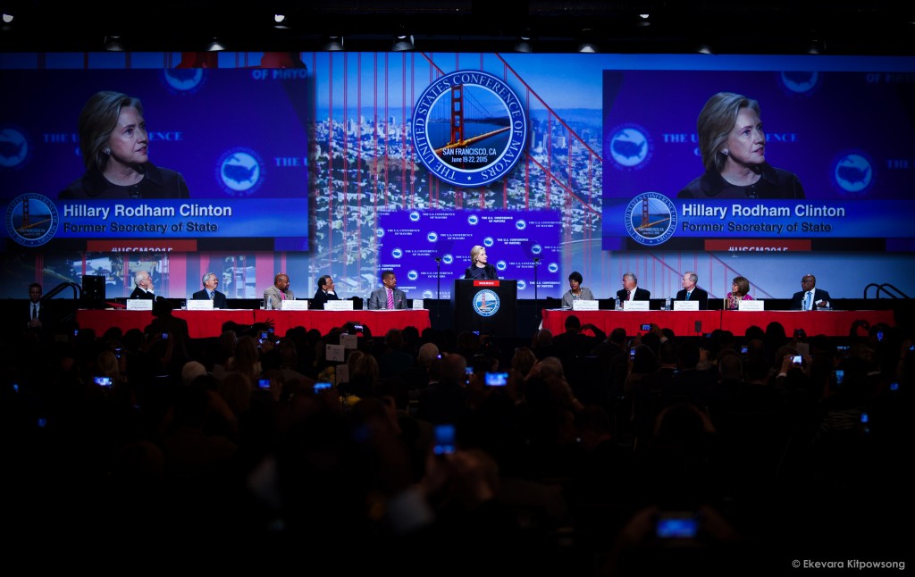 Democratic presidential candidate Hillary Clinton speaks at the U.S. Conference of Mayors in San Francisco on Saturday, June 20, 2015. (Photo by Ekevara Kitpowsong / The Guardsman) 