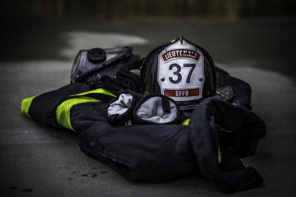 Fire fighter personal protective equipment lays awaiting the next drill at the live fire training that cumulated the 18 weeks of preparation for 29 fire cadets of City College’s class at South San Francisco Fire Department Station 61 on Saturday, May 16, 2015. (Photo by Nathaniel Y. Downes/ The Guardsman)