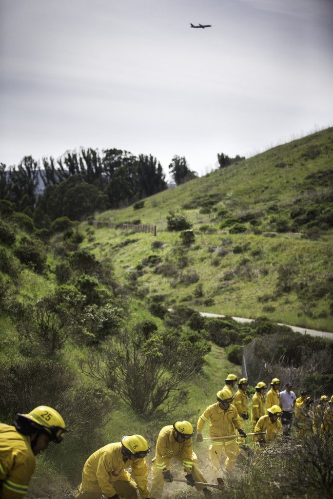 Fire cadets from City College’s Fire Fighter One Academy’s Class 15 construct fire lines using pick axes, shovels and Pulaskis at San Bruno Mountain State Park on Saturday, March 21, 2015. (Photo by Nathaniel Y. Downes/The Guardsman)