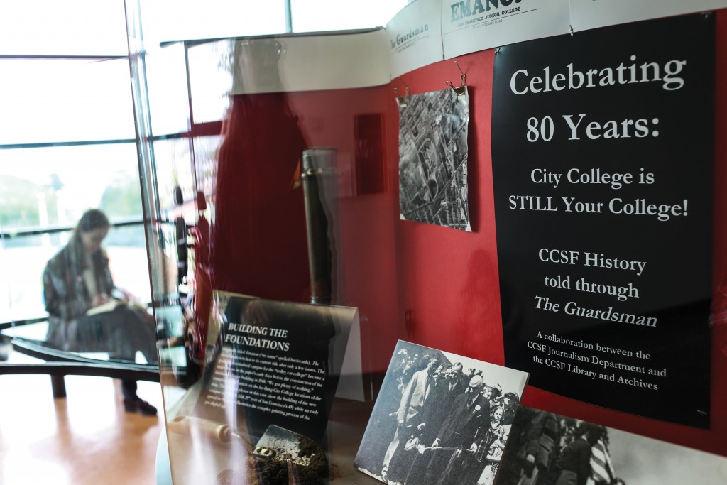 An exhibit celebrating 80 years of City College, curated by the CCSF Journalism Dept. and the CCSF Library Archives, is currently up on display in the City College Ocean Campus library, May 28, 2015. (Photo by Natasha Dangond/ TheGuardsman)