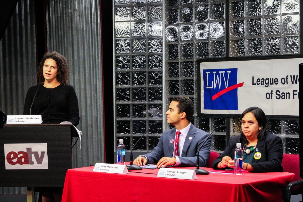 (L-R) League of Women Voters President Ashley Raveche together with Board of Trustee Candidates Alex Randolph and Wendy Aragon, gives opening remarks as the City College Board of Trustees Candidate’s Forum gets underway at EATV’s studio on Tuesday, Oct. 6. (Photo by Patrick Fitzgerald/ The Guardsman)