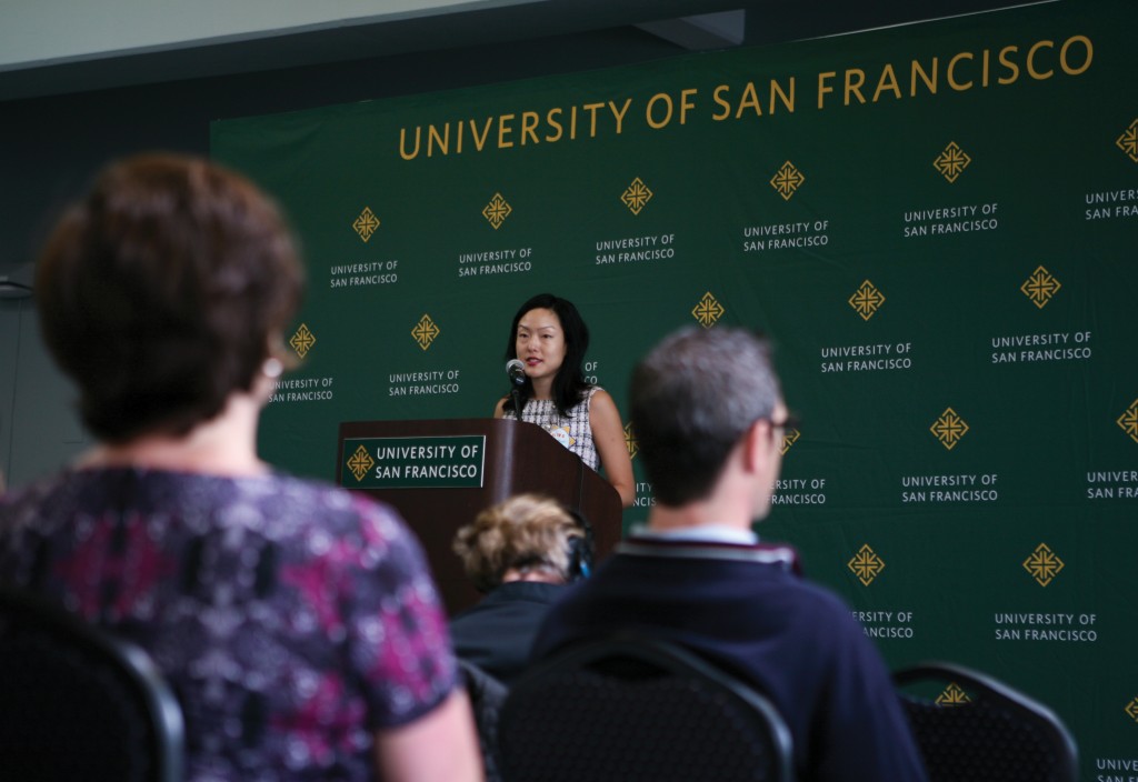 Supervisor Jane Kim speaks at a press conference at USF on Tuesday, Sept. 22, 2015 about a new program to combat sexual assault on college campuses in San Francisco. (Photo by Anna Vignet/Contributor)