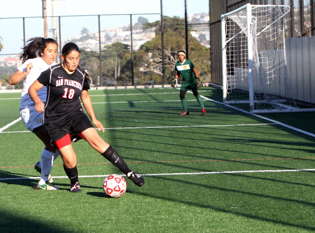#18 Alejandra Sanchez takes control of the ball against the Panthers of Hartnell College of Salinias Calif.. The Rams go on to win the match 5-1 on Friday, Oct. 2, 2015 at City College home field. (Photo by Franchon Smith/ The Guardsman)