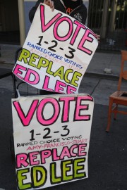 Placards for the "Vote 1-2-3 to Replace Ed Lee" campaign during Sunday Streets on Valencia Street, Sunday, Oct. 18, 2015. (Photo by Franchon Smith/The Guardsman)