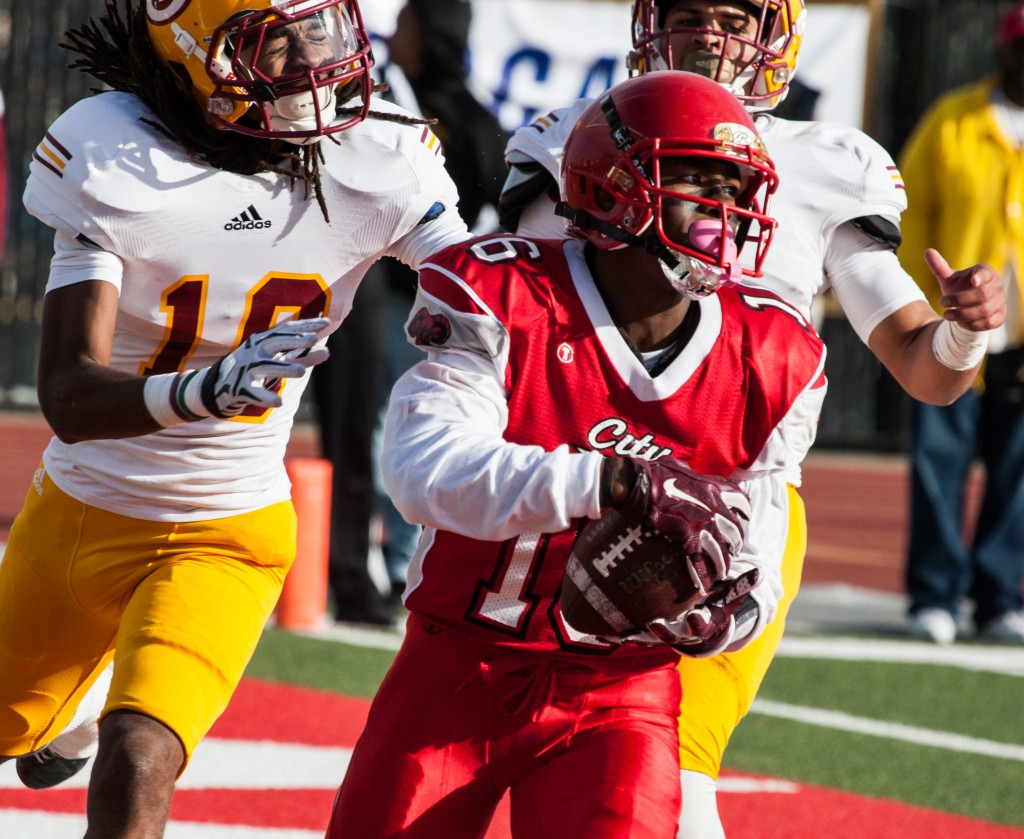 City College’s Easop Winston (WR) (16) scores a touchdown against Saddleback College defense during the California Community College state championship game at Rush Stadium on Saturday, Dec. 12, 2015. (Photo by Khaled Sayed/The Guardsman)