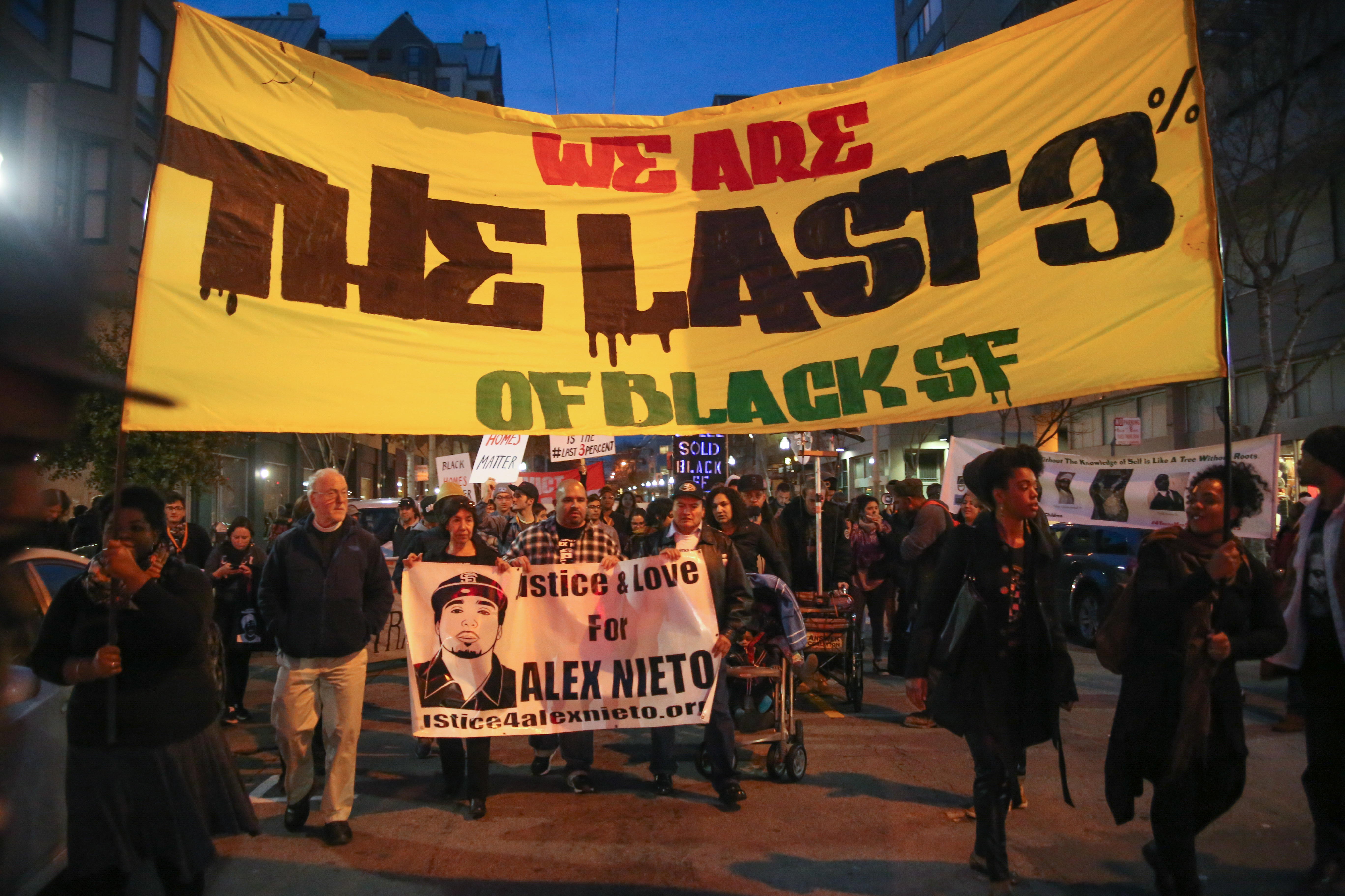 Protestors march down the Fillmore district during a demonstration against displacement of minority communities in San Francisco and to demand justice for the family of Mario Woods and Alex Nieto in San Francisco on January 15, 2016. (Photo by Joel Angel Juarez/ Special to The Guardsman)