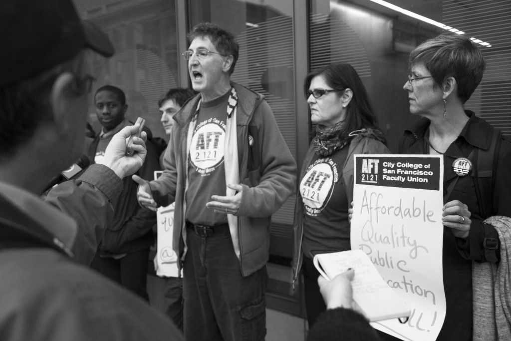 Tim Killikelly, President of American Federation of Teachers 2121, speaks with press outside City College Chinatown campus on March 10, 2016. (Photo by Gabriella Angotti-Jones/The Guardsman)