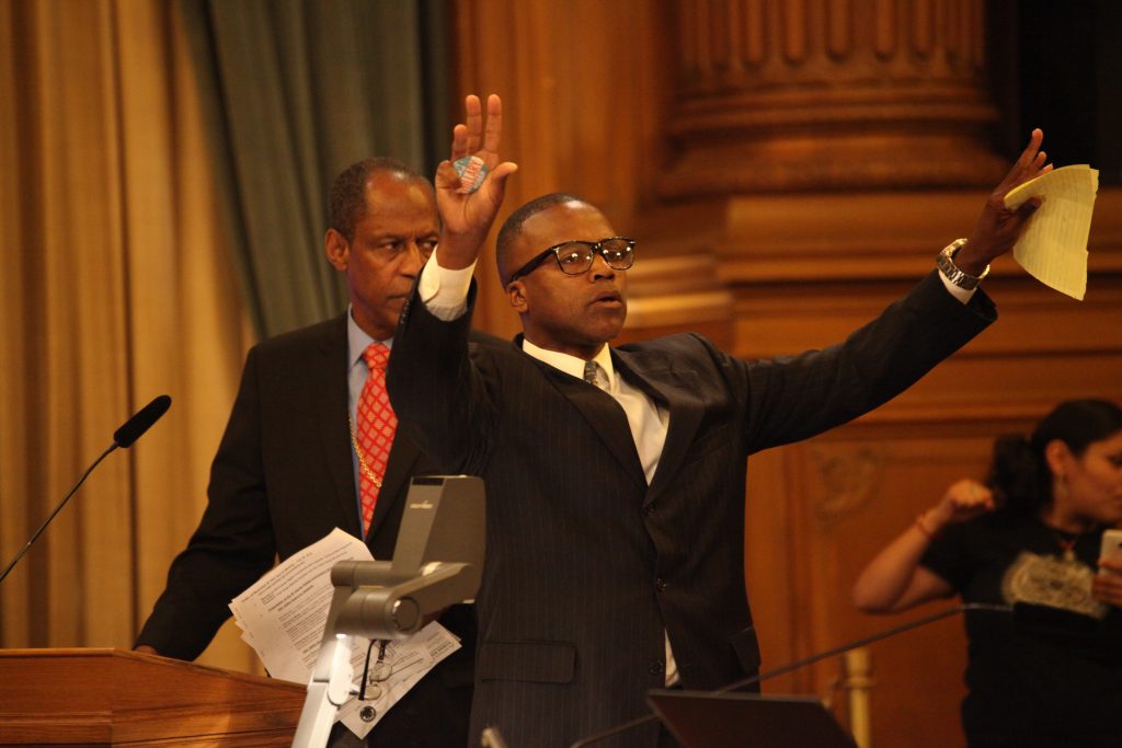Daniel Muhammad from the Justice 4 Mario Woods Coalition acknowledges the crowd during the Hero Award ceremony at City Hall on July 28, 2016. (Photo by Cassie Ordonio/The Guardsman) 