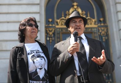 Refugio and Elvira Nieto stan outside San Francisco's City Hall on September 13, 2016 in hopes of a permanent memorial for their son, Alex. (Photo by Cassie Ordonio/ The Guardsman)