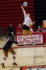 Rams freshman Jennifer Quarters-Styles returns a hit during the second set against Cabrillo College at the Brad Duggan gymnasium on September 30, 2016. Photo by Franchon Smith/The Guardsman