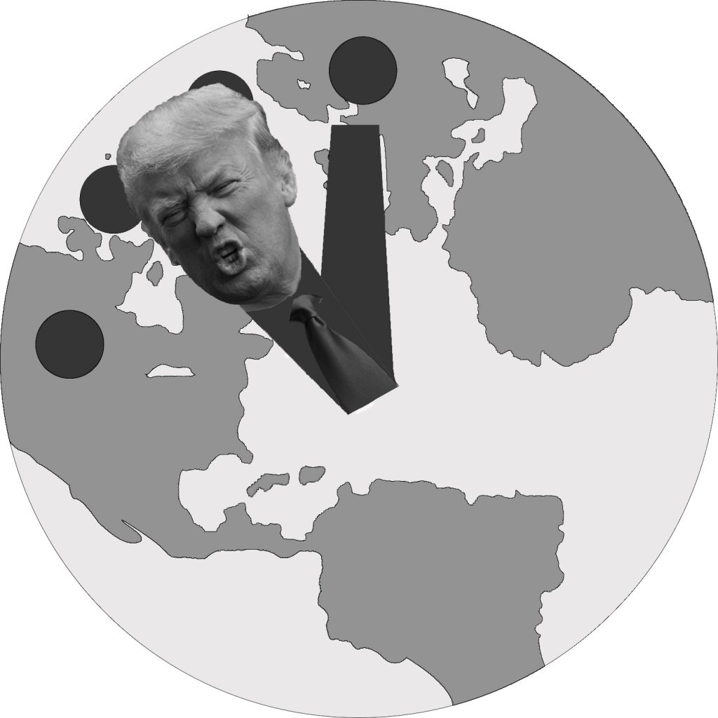 The Doomsday Clock was created by scientists to demonstrate how close scientists believe Earth is to its destruction, with midnight symbolizing annihilation. Original photo of Donald Trump by Nathan Congleton. Changes were made. https://creativecommons.org/licenses/by-nc-sa/2.0/legalcode (David Horowitz / The Guardsman) 