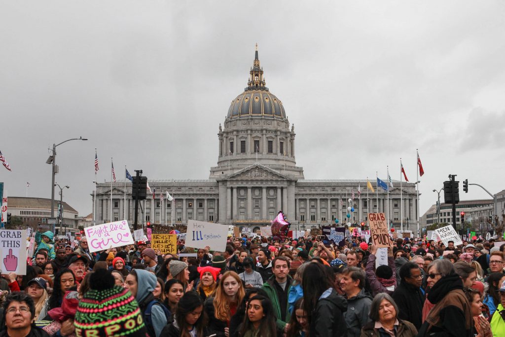 Over 100,000 bundled protestors rally in front of City Hall at Civic Center for the Women's March in San Francisco on Jan. 21, 2017. (Photo by Cassie Ordonio/The Guardsman