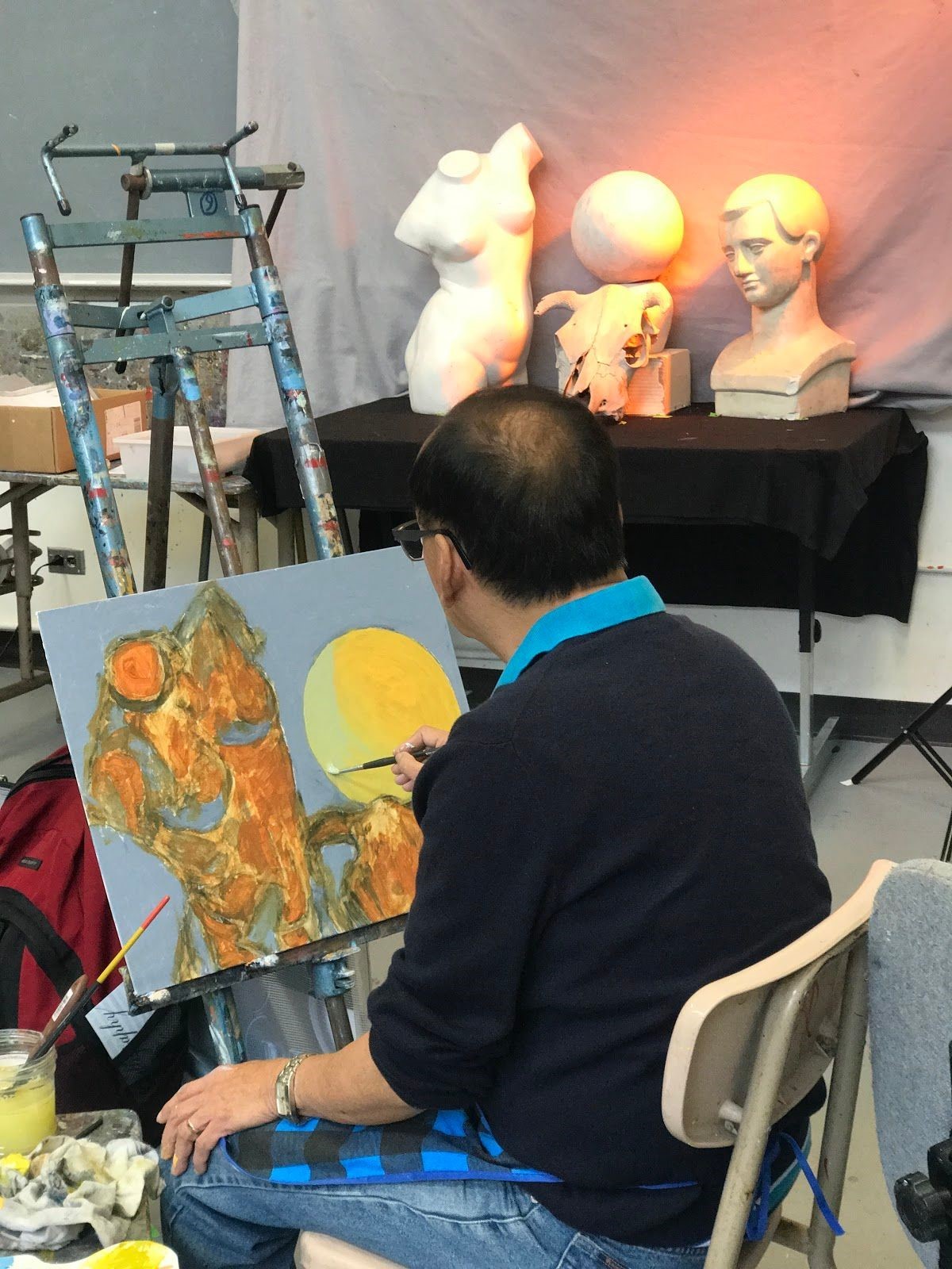 A beginning art student finishes a painting of the assigned three figures. Photo taken on Sep. ?, 2017 by Jasmine